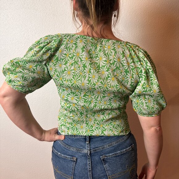 Zara Green Floral Crop Top Summer Top V-Neck Large Cinched Shirt - Picture 3 of 6
